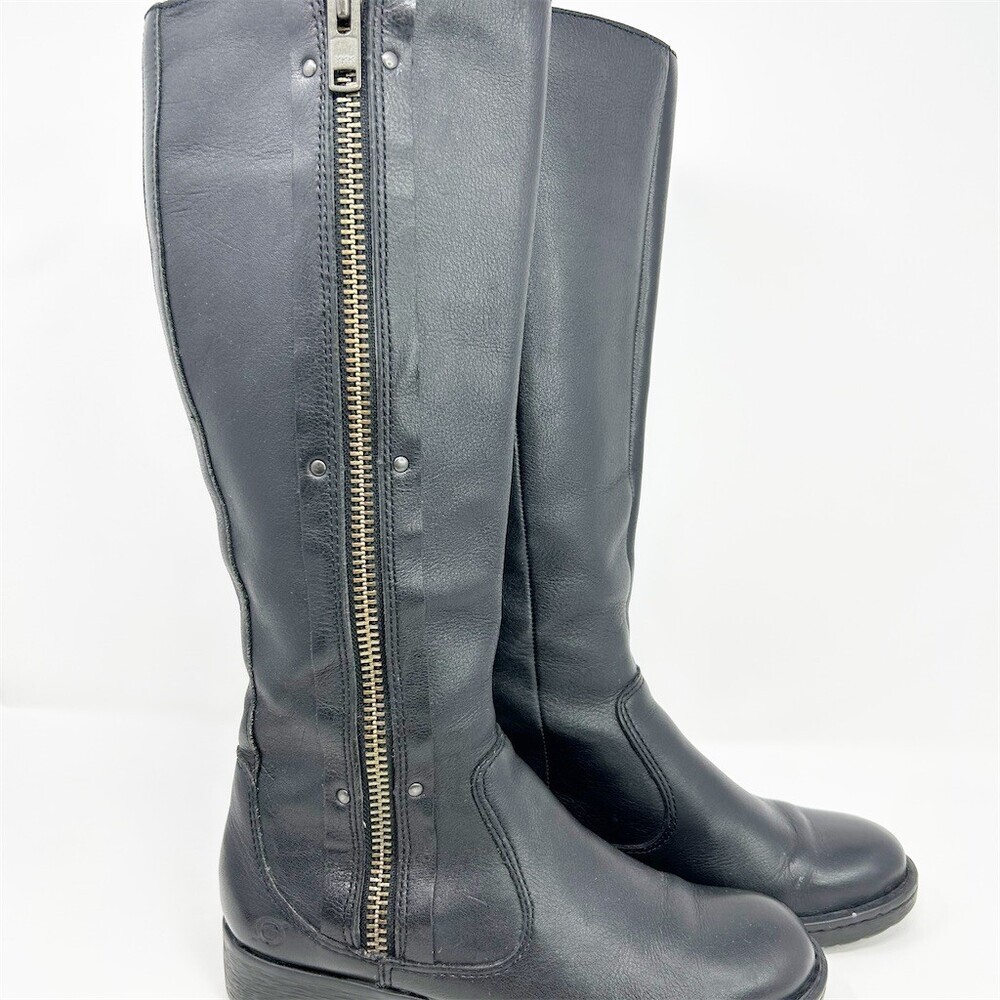 Born Riding Boots Black Knee High Side Zip Low Block Heel Round Toe Size 8